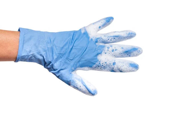 带肥皂泡沫的蓝色胶乳手套 — 图库照片