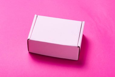 Renk arkaplanı üzerinde basit pembe karton kutu, açık, boş girdiler