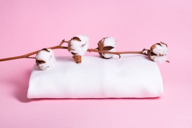 Pamuklu kumaş seti, ahşap sırtında pamuk çiçeği dalı.