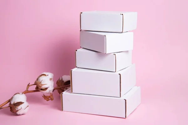 Caja Cartón Blanco Decorado Con Rama Flores Algodón — Foto de Stock