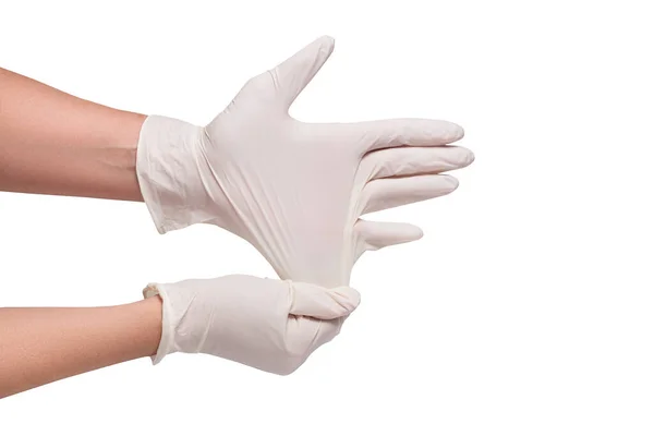 Latex Handschoenen Uitrekken Vrouwenhanden Geïsoleerd — Stockfoto
