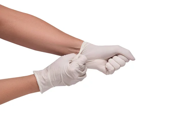 Latex Handschoenen Uitrekken Vrouwenhanden Geïsoleerd — Stockfoto
