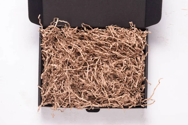 Чорна Картонна Коробка Дерев Яному Офісному Столі — стокове фото