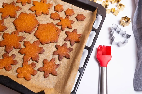 Christmas gingerbread cookies on baking sheet, pan