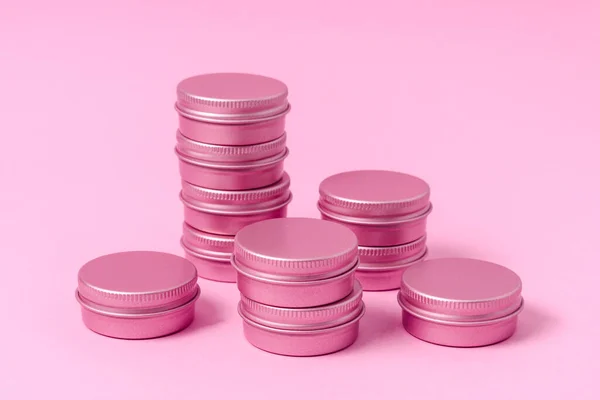 Set Tin Metal Boxes Cases Pink Background — Stock Photo, Image