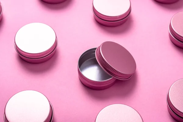 Set Tin Metal Boxes Cases Pink Background — Stock Photo, Image