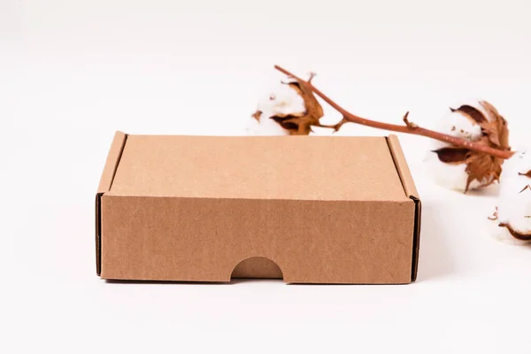 Pamuk Çiçekli Kahverengi Karton Kutu — Stok fotoğraf