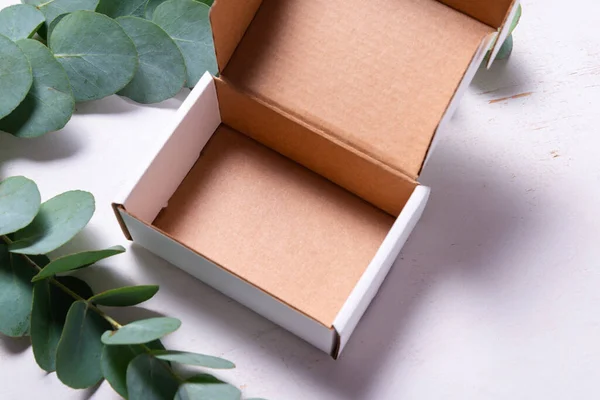Bílá Kartonová Krabička Zdobená Eucalyptus Green Branc — Stock fotografie