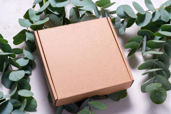 Caja Cartón Marrón Decorada Con Branc Verde Eucalipto — Foto de Stock