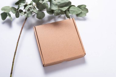 Kahverengi Corrugated Mukavva Posta Kutusu ahşap masanın üzerinde.