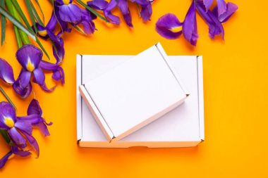 Beyaz karton karton kutu. Taze Iris çiçekleriyle süslenmiş.