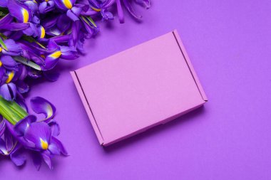 Renkli karton kutu. Taze Iris çiçekleriyle süslenmiş.