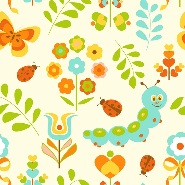 Caterpillar and flowers seamless background — Stock Vector