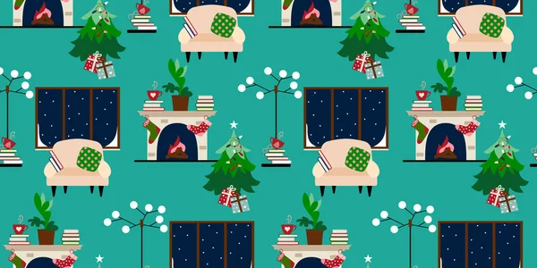 Modèle Maison Vacances Noël Avec Salon Intérieur Confortable Cheminée Scène — Image vectorielle
