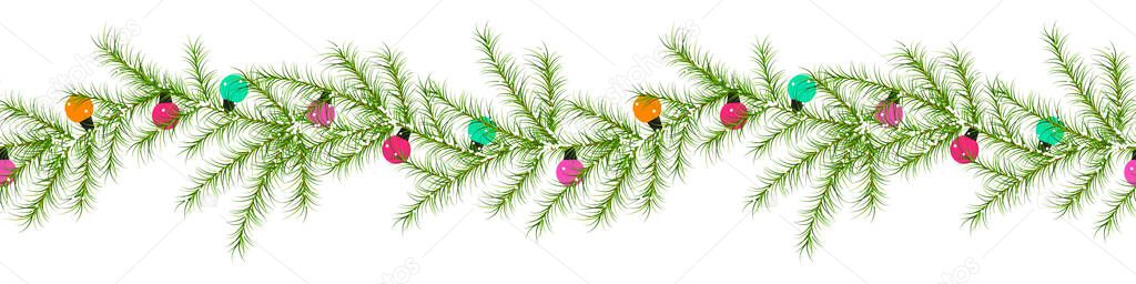 Christmas lights string with fir tree branches long border garland seamless pattern design, Merry Christmas and Happy new year background
