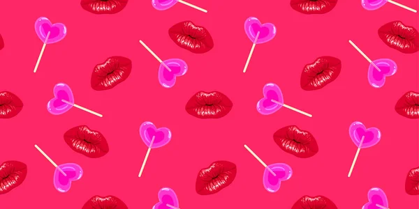 Lips Pattern Heart Shaped Lollypop Candy Valentines Day Romantic Background — 图库矢量图片