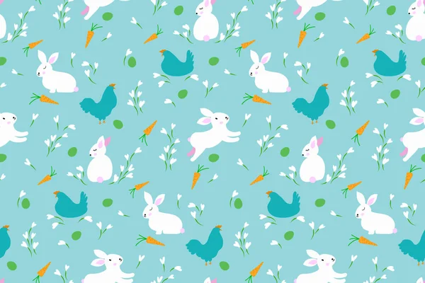 Jolies Lapins Pâques Fond Sans Couture Avec Des Carottes Oeufs — Image vectorielle