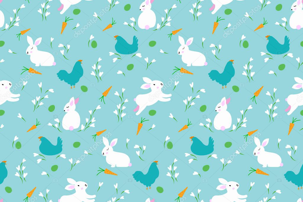 Cute Easter bunnies seamless background with carrots, eggs, hen. Bunny pattern