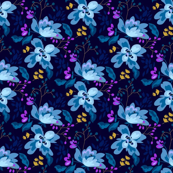 美しい花のシームレスなパターンデザイン かなり小さな抽象的な花と濃い青の色の背景に葉 — ストックベクタ