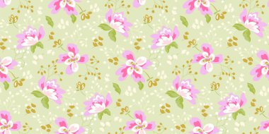 Klasik güzel çiçek desenli desenli desen, güzel pembe çiçekler ve pastel yeşil arka planda yeşil yapraklar