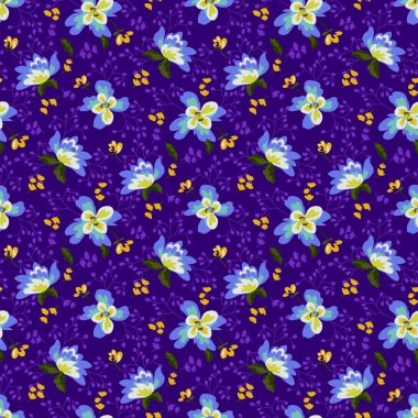 Çiçeksiz desenli güzel vektör deseni, parlak mor arka planda küçük çiçekler ve yeşil yapraklar.