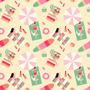 Plajdaki insanlar, yaz tatili konsepti tasarımı, sörf tahtası, plaj topları, yüzme paleti, parmak arası terlikleri, retro pastel renkte yaz basımı arka planı. 