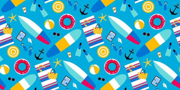 Mavi arka planda plajda komik nesneler olan yaz deseni. Yaz dönemi sembolleri vektör çizimi
