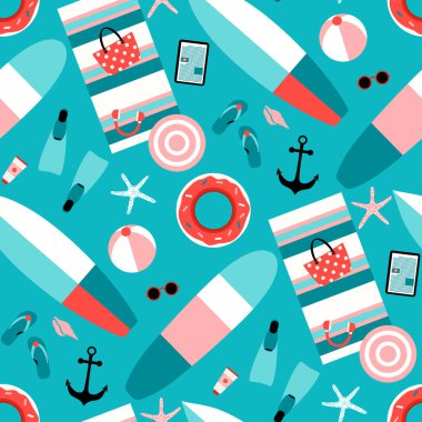 Mavi arka planda plajda komik nesneler olan yaz deseni. Yaz dönemi sembolleri vektör illüstrasyonu, sörf tahtası, güneş gözlüğü, yüzme yüzgeci, parmak arası terlik, yüzük takası...