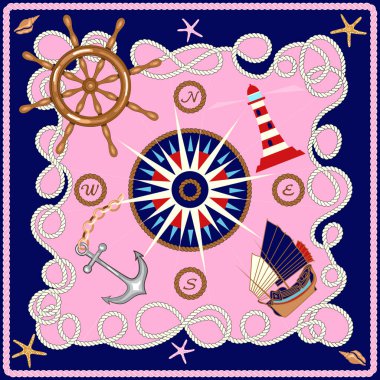 İpek eşarp tasarımı, halat, tekerlek, deniz feneri, çapa, pusula, deniz unsurları. Denizcilik çerçevesi, seyahat kavramı deseni.