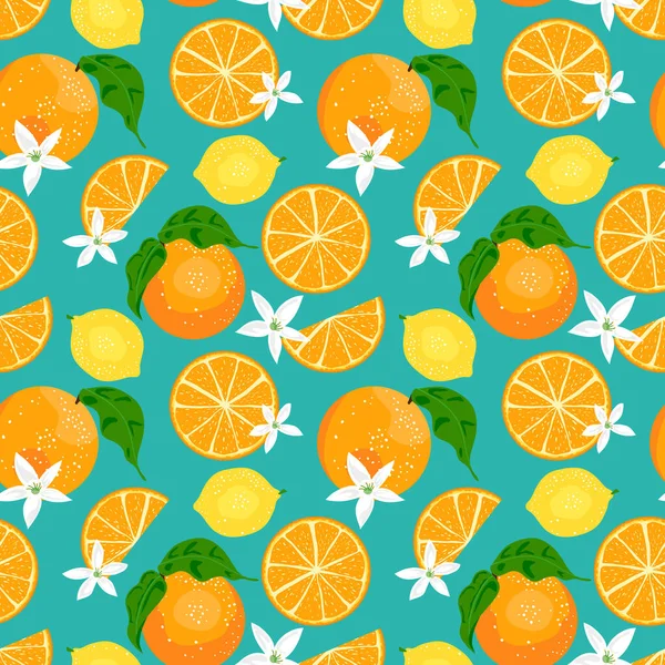 Orange Lemon Pattern Tropical Citrus Fruits Leaves Flowers Seamless Pattern — Stock Vector
