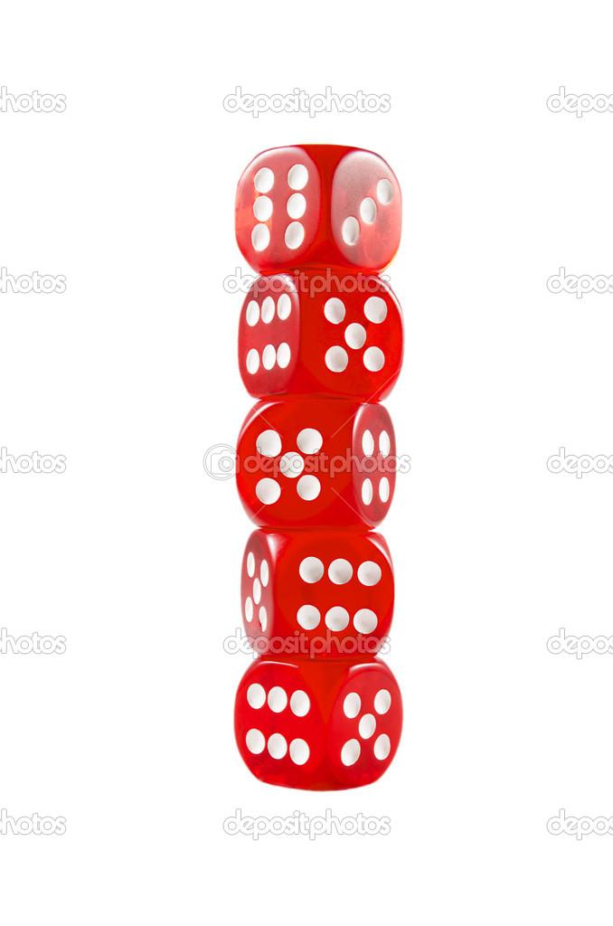 Pile of red dice over white isolated background