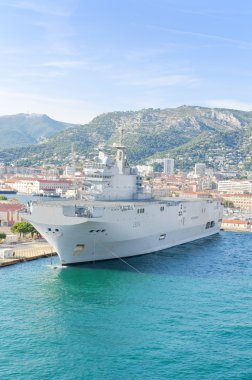 French navy warship in the mediterranean sea bay of Toulon, France. clipart