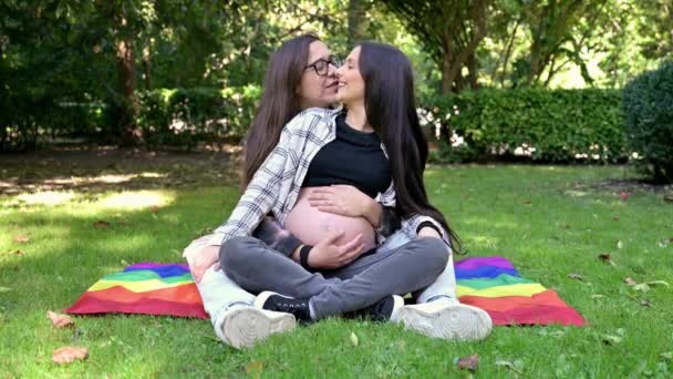 Porträtt av tillgivna gravida lesbiska par med regnbågsflagga, avslappnad i parken. Två lyckliga flickvänner. Fri kärlek av samma kön. Homosexuell relation. HBTQ Community Pride — Stockvideo
