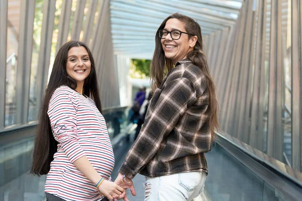 De cerca de Lesbianas Embarazadas Pareja cogida de la mano al aire libre. —  Fotos de Stock