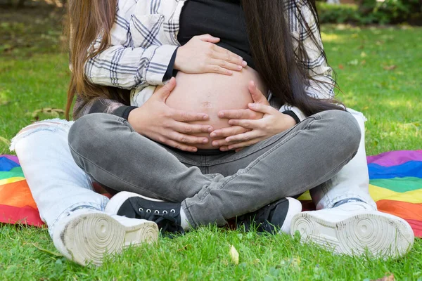 Retrato de casal lésbico grávida afetuoso irreconhecível com bandeira do arco-íris, relaxado no parque. Duas namoradas felizes. Amor livre do mesmo sexo. Relação homossexual. Orgulho comunitário LGBT — Fotografia de Stock