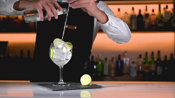 Bartender sedang menyiapkan minuman cocktail yang lezat menuangkan minuman menggunakan sendok koktail. — Stok Video