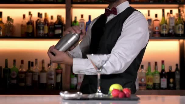 Super profesionální barman dělá koktejl a třese koktejlem. Pravý barman vyrábějící alkoholické nápoje v moderním baru. — Stock video