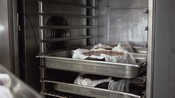 알아볼 수없는 여성 주방장 이 상업용 오븐에서 케이크를 굽고 있다 — 비디오