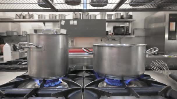 Koch kocht in der Pfanne in der Küche des Restaurants oder Hotels — Stockvideo