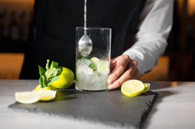Barmen mojito kokteyli hazırlıyor. Yüksek kaliteli fotoğrafçılık