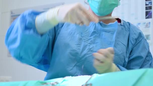 Femme vétérinaire opérant dans la salle d'opération d'une clinique vétérinaire. Un vétérinaire qui fait une opération à la clinique. Médecine, animaux de compagnie, animaux, soins de santé et concept humain. — Video