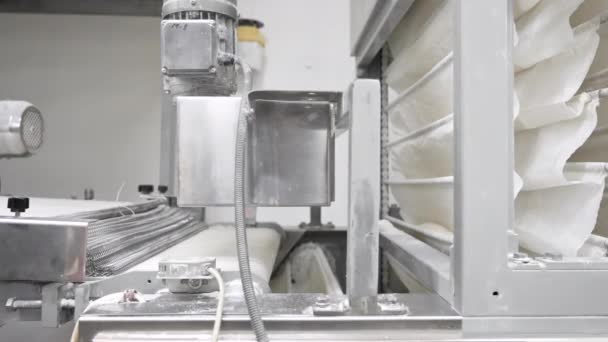 Автоматизированная линия производства на хлебозаводе. Сырые буханки хлеба на конвейере, готовые к выпечке в духовке. — стоковое видео