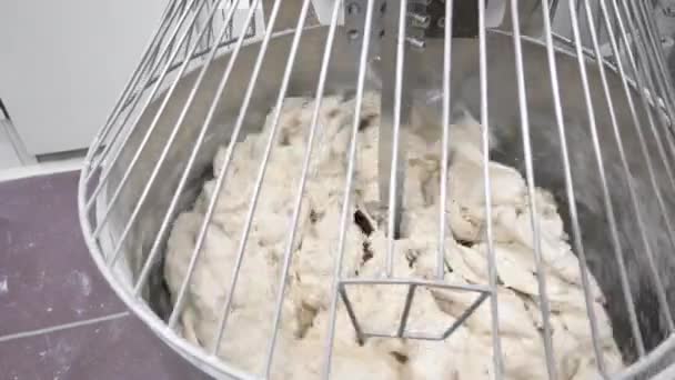 Maszyna ugniata ciasto chlebowe. Surowe ciasto w piekarni przemysłowej mieszalnik ciasta, koncepcja żywności. — Wideo stockowe