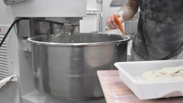 Fırıncı endüstriyel fırında yoğurma makinesinin hamurunu çıkarıyor. — Stok video