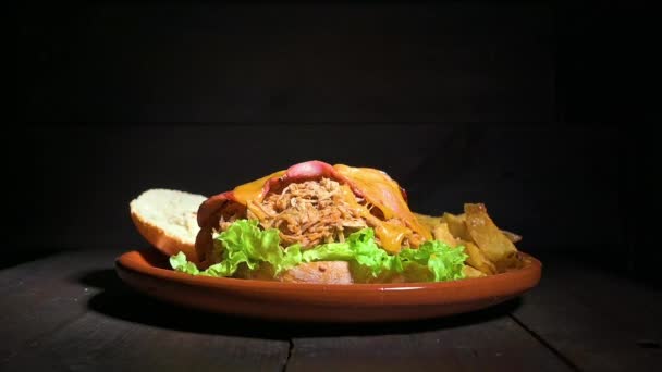 Zwolniony ruch Świeże krążki cebulowe spada na ciągniętego hamburgera wieprzowego — Wideo stockowe
