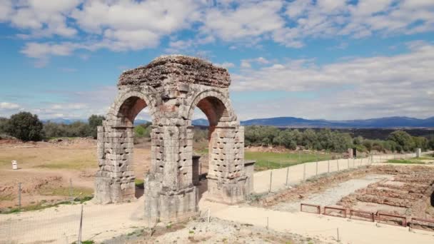 Extremadura, İspanya 'daki Caparra' nın Roma harabelerinin havadan görünüşü. — Stok video