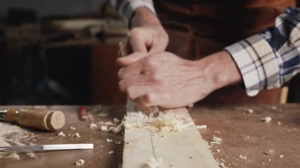 Κοντινό πλάνο ξυλουργού που σκαλίζει ξύλο με καλέμι — Αρχείο Βίντεο