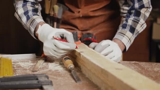 Ο ξυλουργός ζωγραφίζει ένα κομμάτι ξύλο.. — Αρχείο Βίντεο