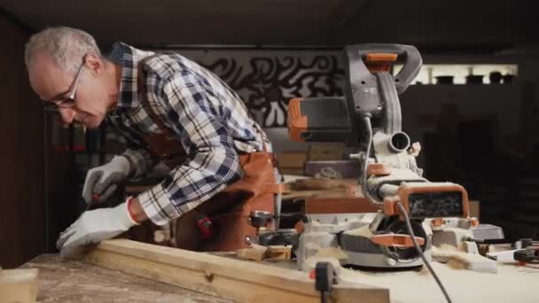 Timmerman werkt aan een houten plank met een bestand in zijn werkplaats. — Stockvideo