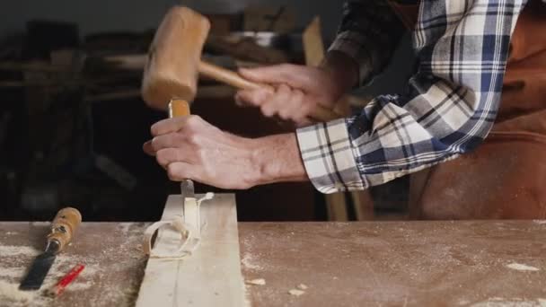 Skilled carpenter carving wood with hammer and chisel — Stock Video